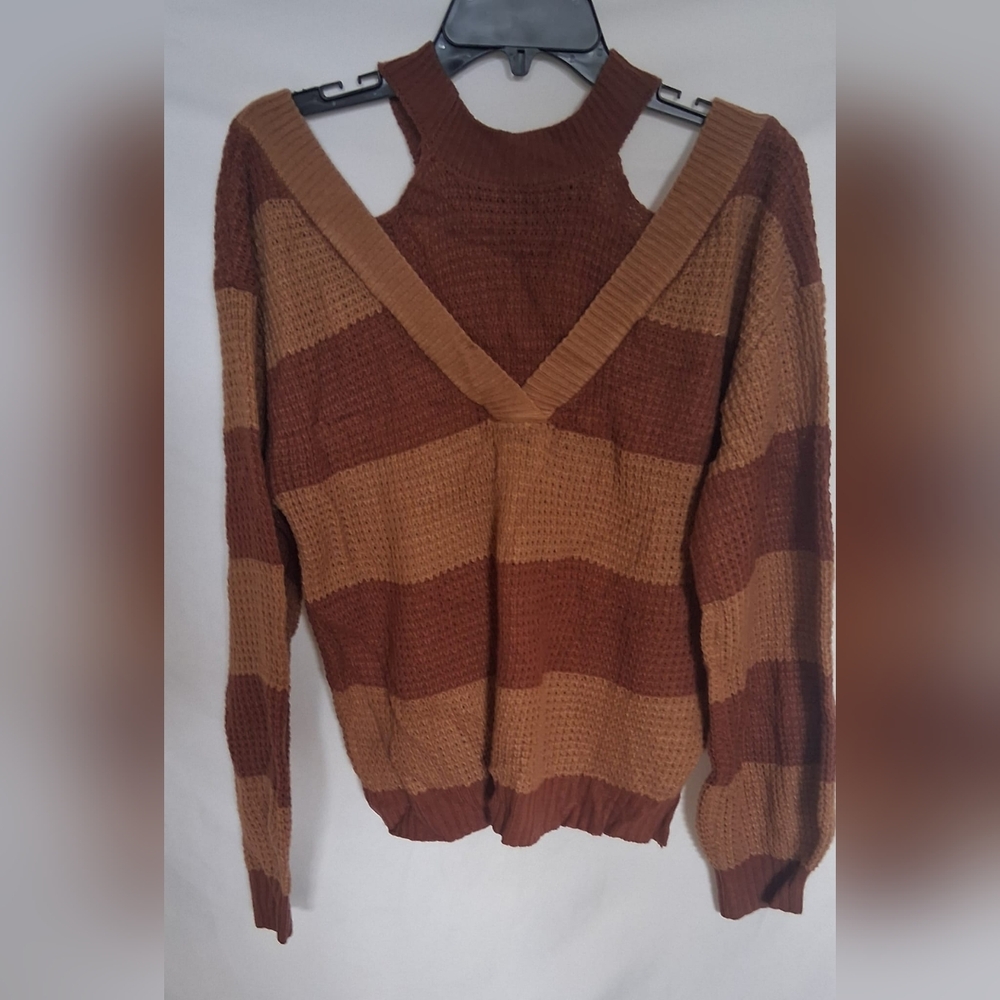 SHEIN Brown and Tan Striped Turtleneck Sweater